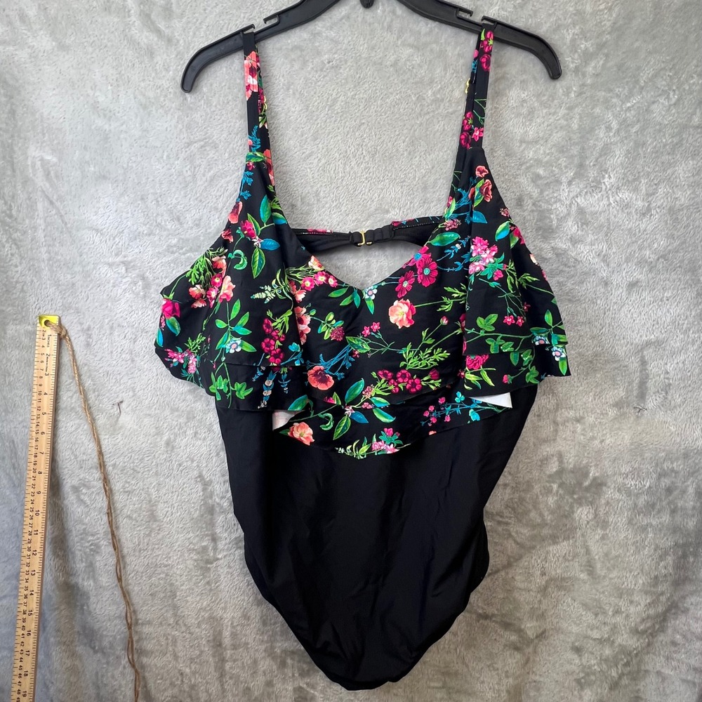 Apt. 9 Womens 3X Black Floral Ruffle V-Neck One Piece Swimsuit Adjustable Straps